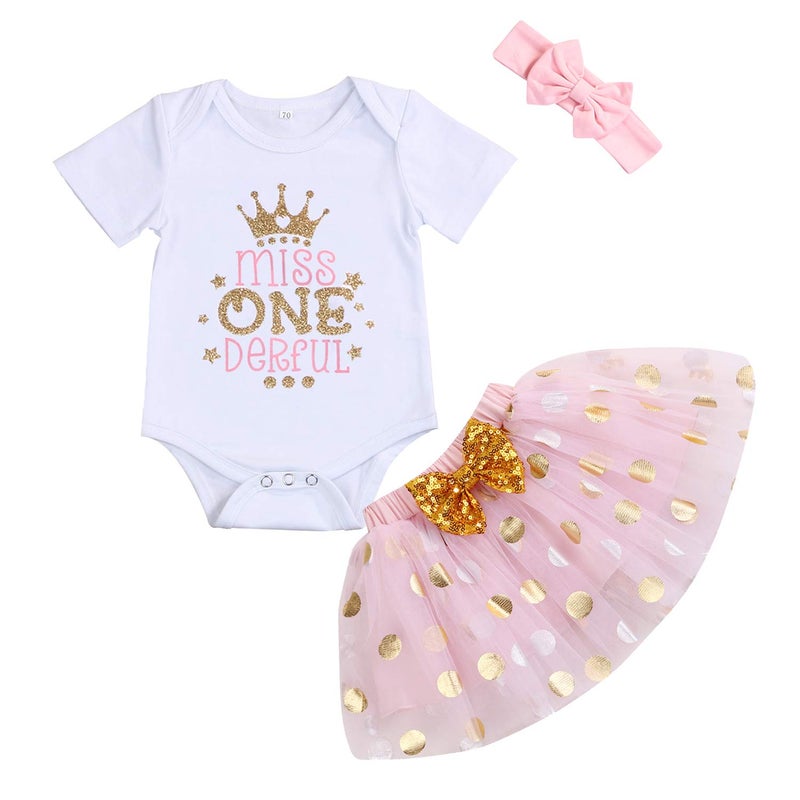 Viworld Baby Girl 1st Birthday Cake Smash Toddler Girl Miss Onederful Romper Tutu Skirt with Headband Clothes Set - Image 1